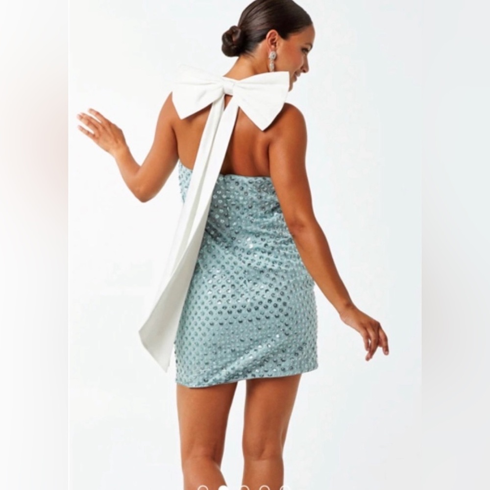 Mestiza New York Millie Blue Sequin Bow Tie Back Mini Dress